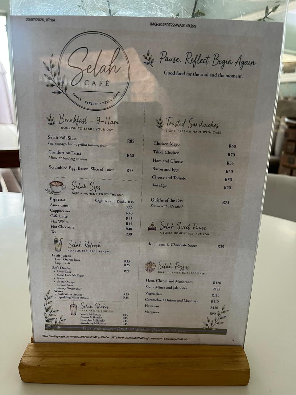 Original Selah Café printed menu
